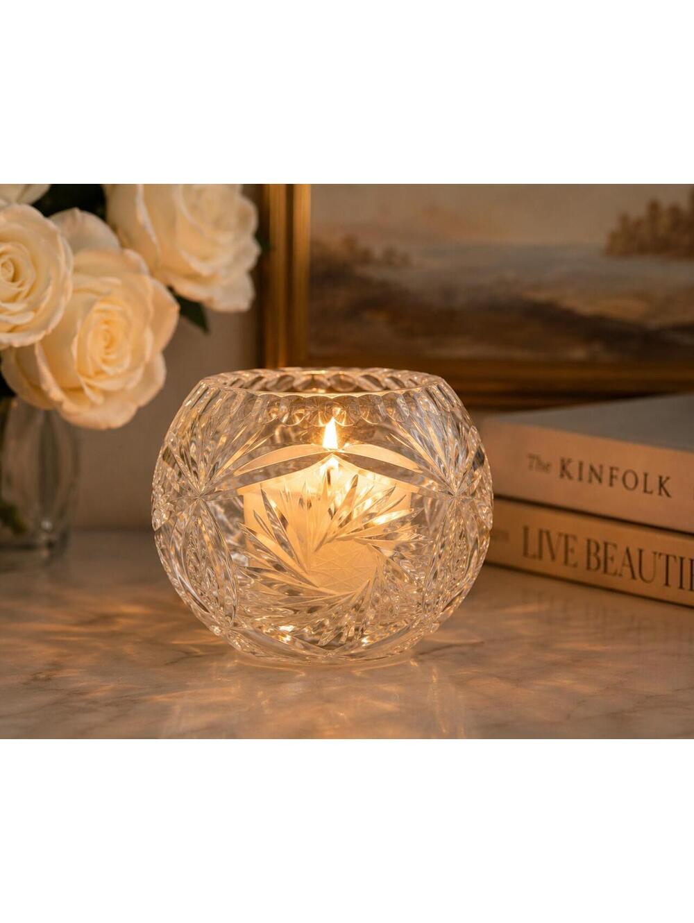 Vintage Cut Crystal Rose Bowl Votive Holder Possibly Wedgwood Majesty 4.5"